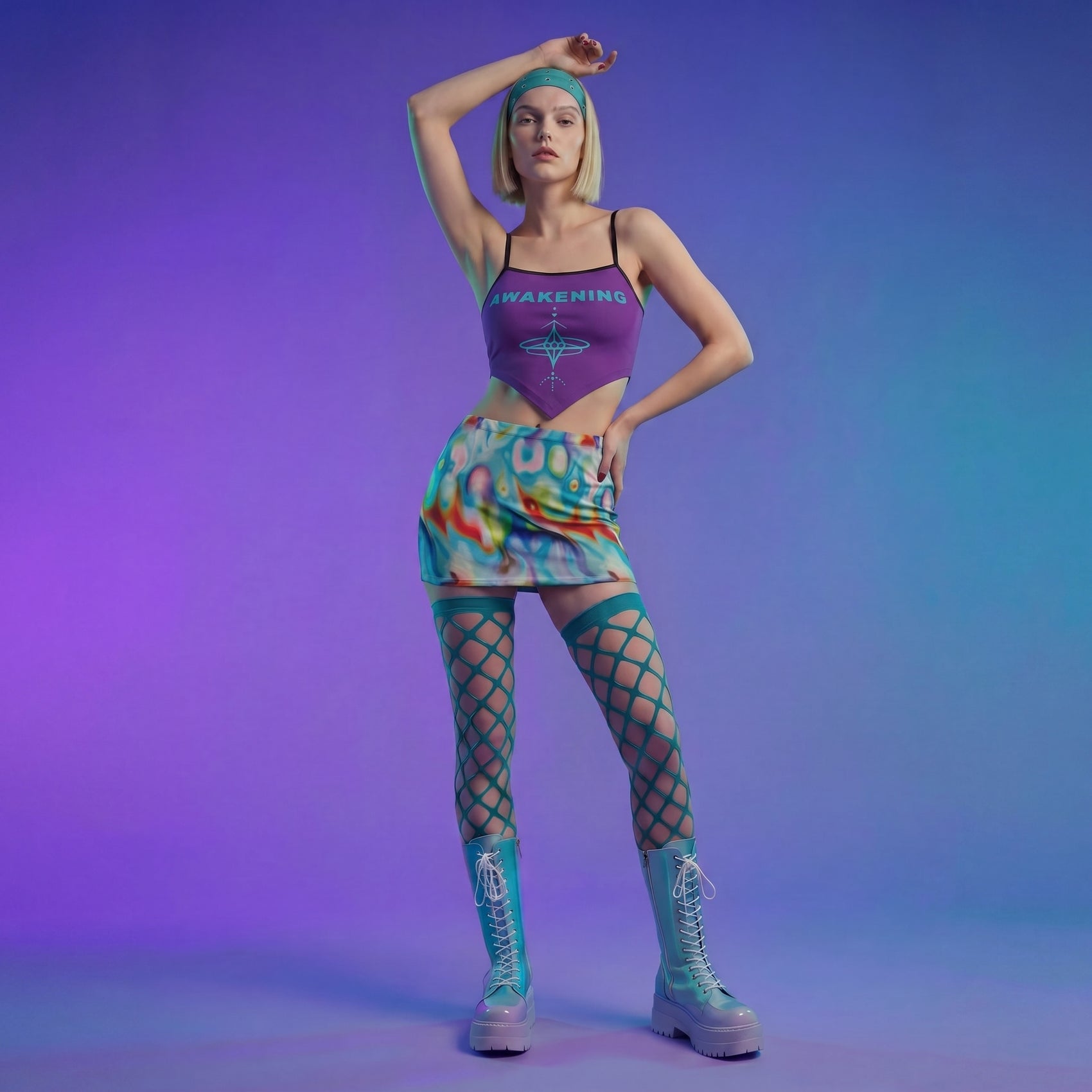 Person wearing a colorful outfit with a gradient purple to blue background