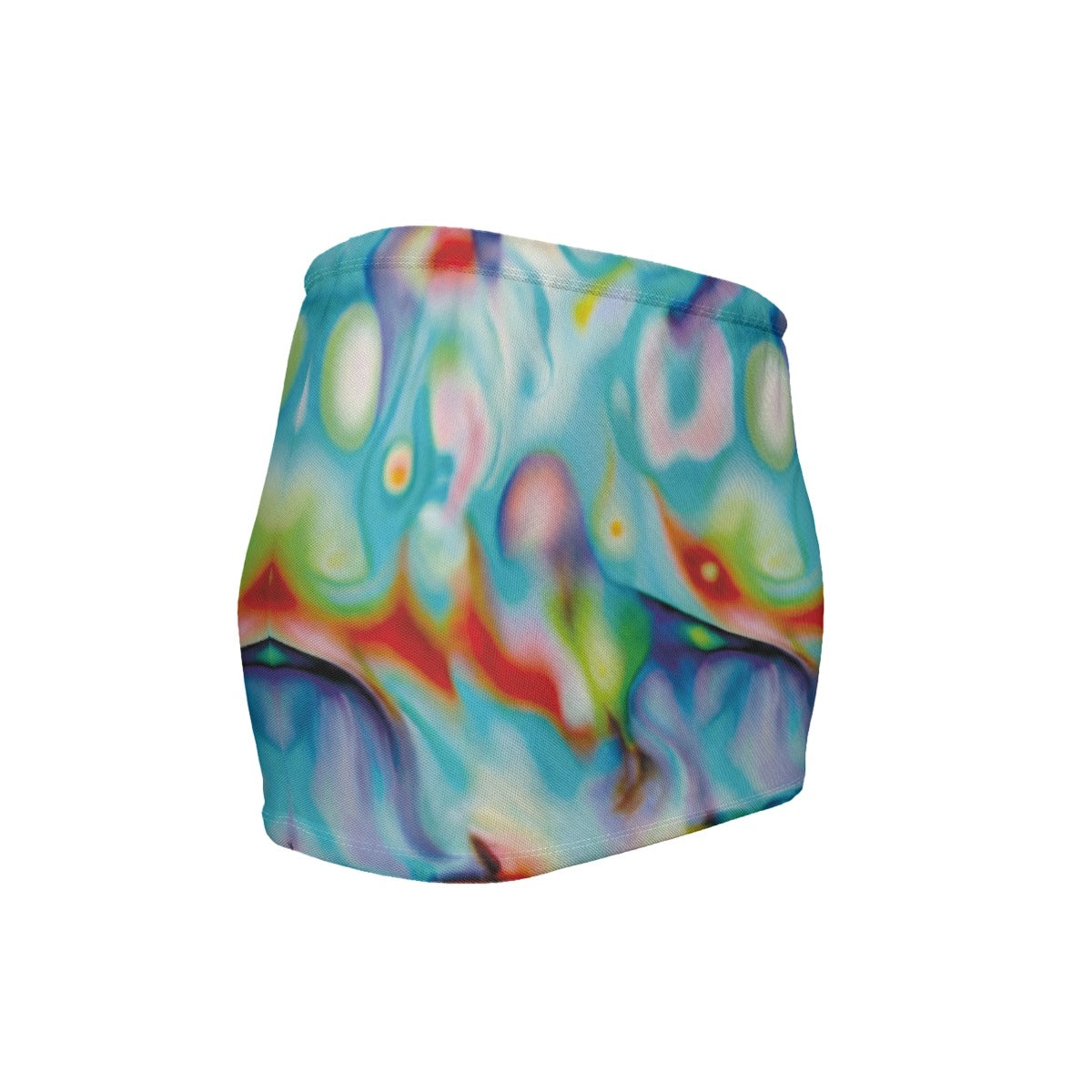 Colorful tie-dye patterned product on a white background