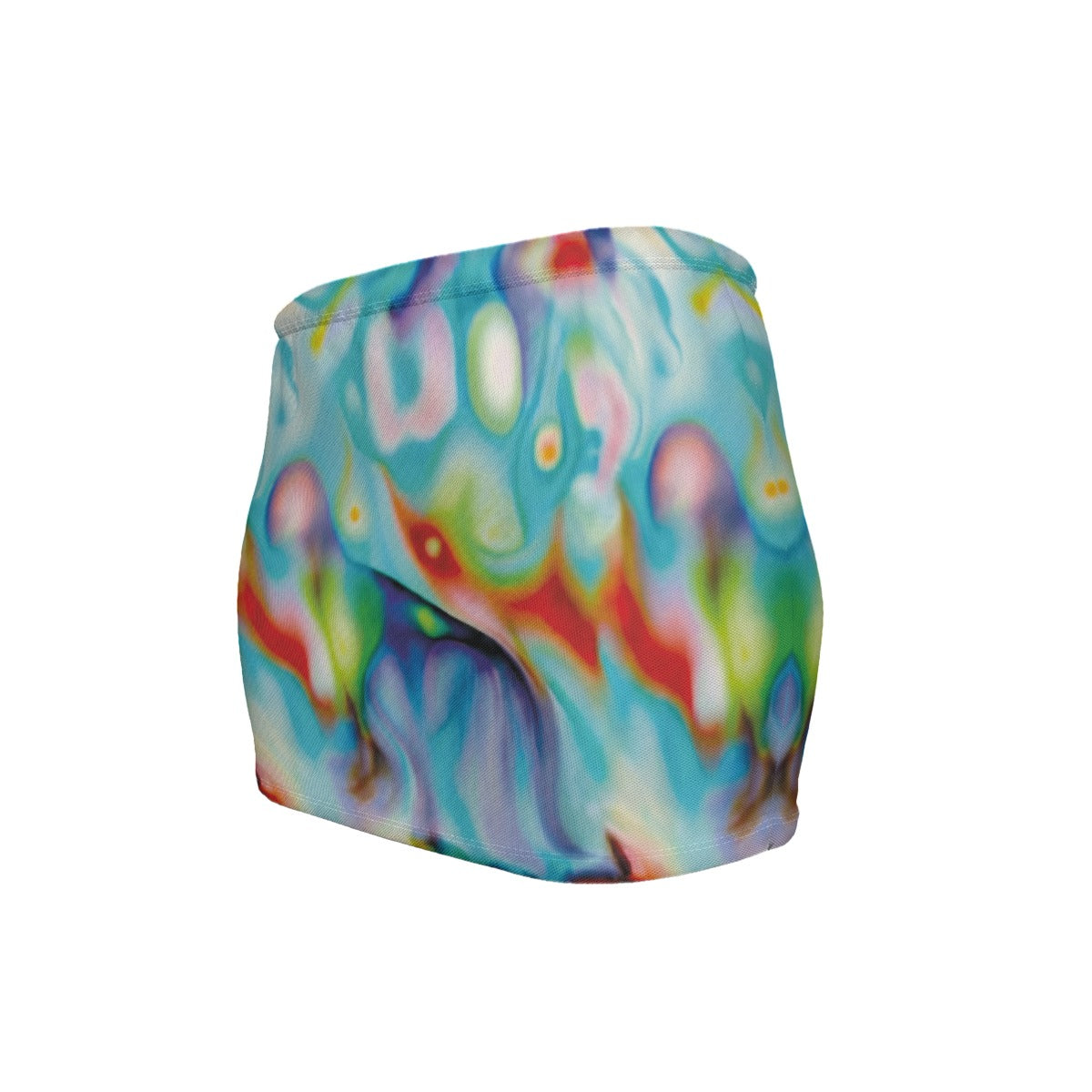 Colorful tie-dye patterned product on a white background