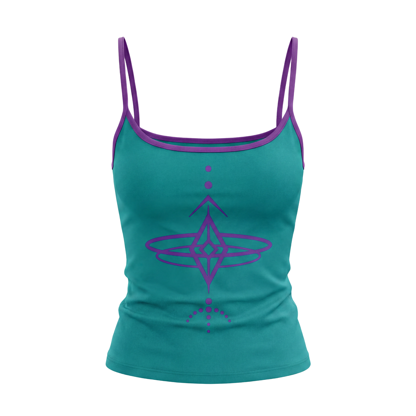 Teal tank top with purple straps and geometric design on a white background