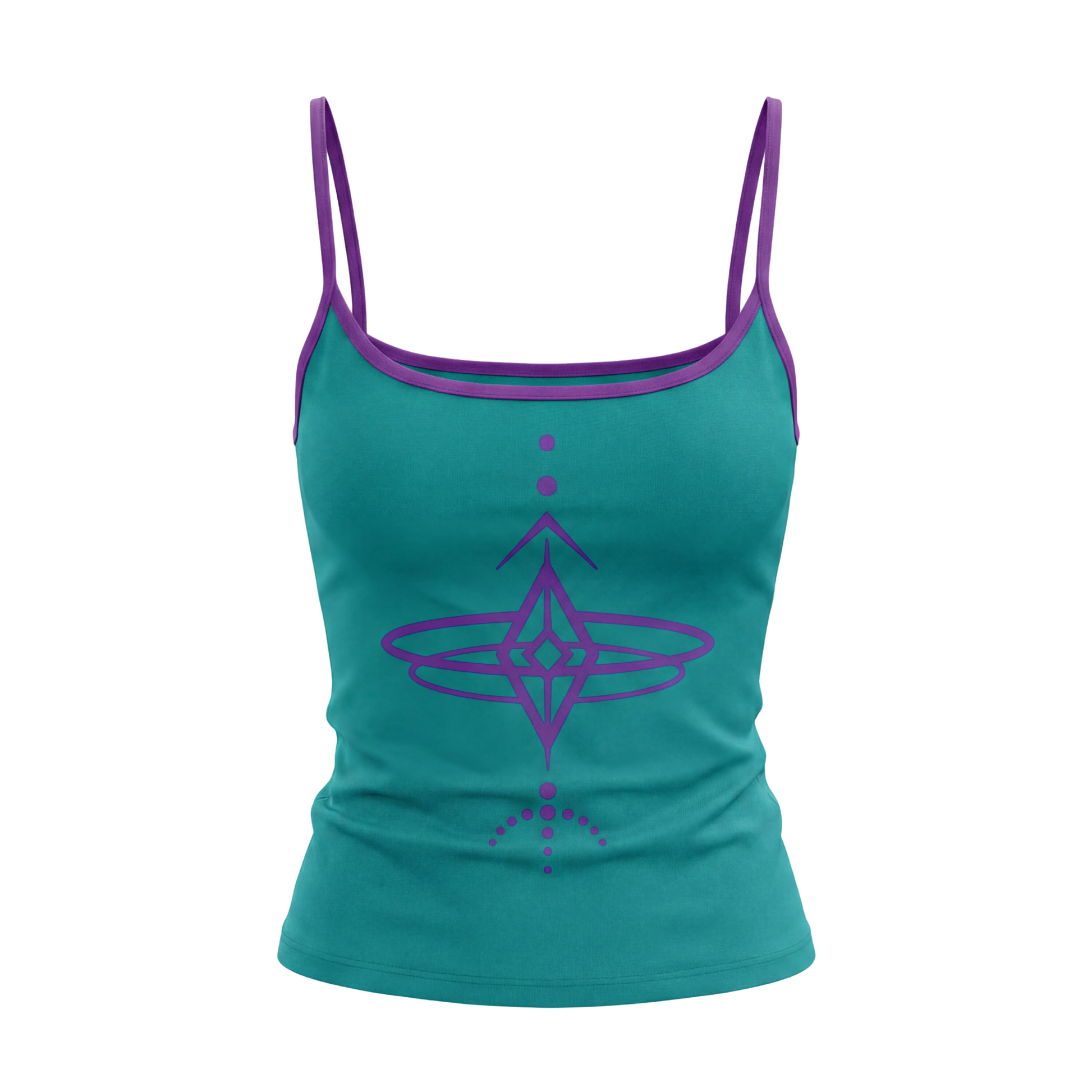 Teal tank top with purple straps and geometric design on a white background