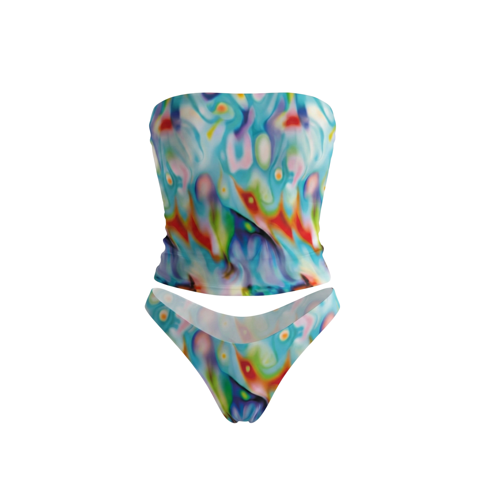 Colorful tie-dye bikini set on a white background