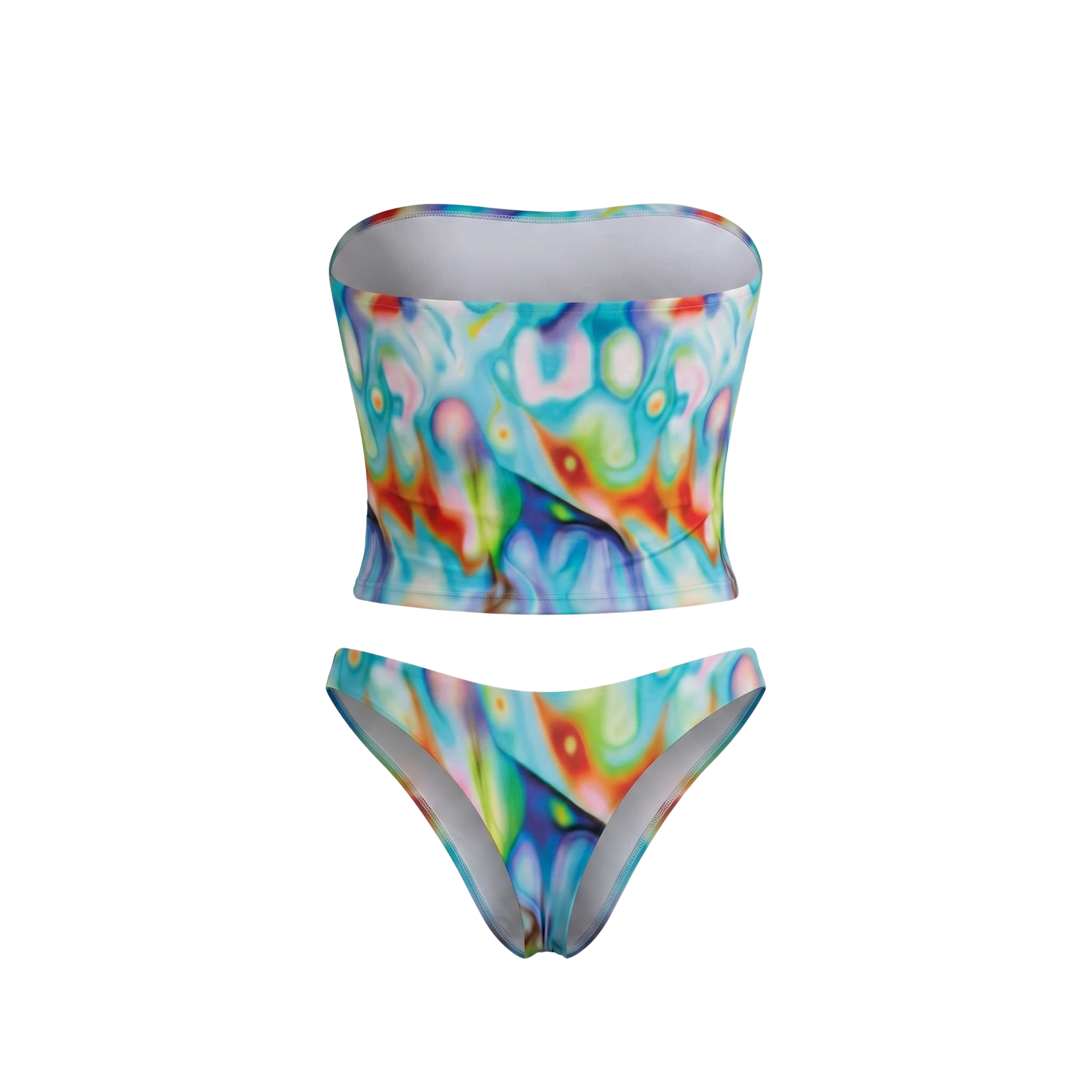 Colorful bikini set with a bandeau top and high-waisted bottom on a white background