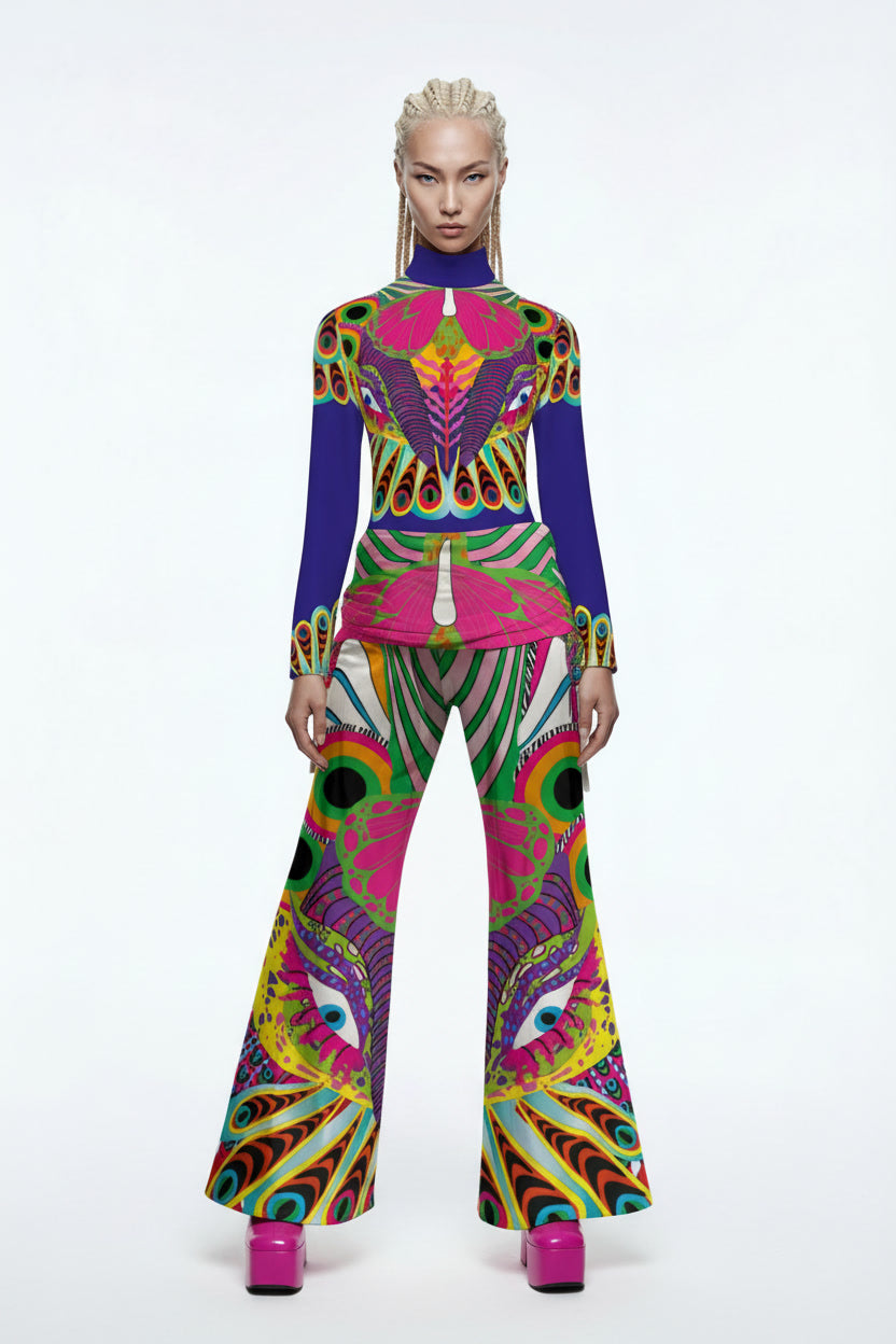 Person wearing a vibrant, multicolored outfit with a pattern on a white background
