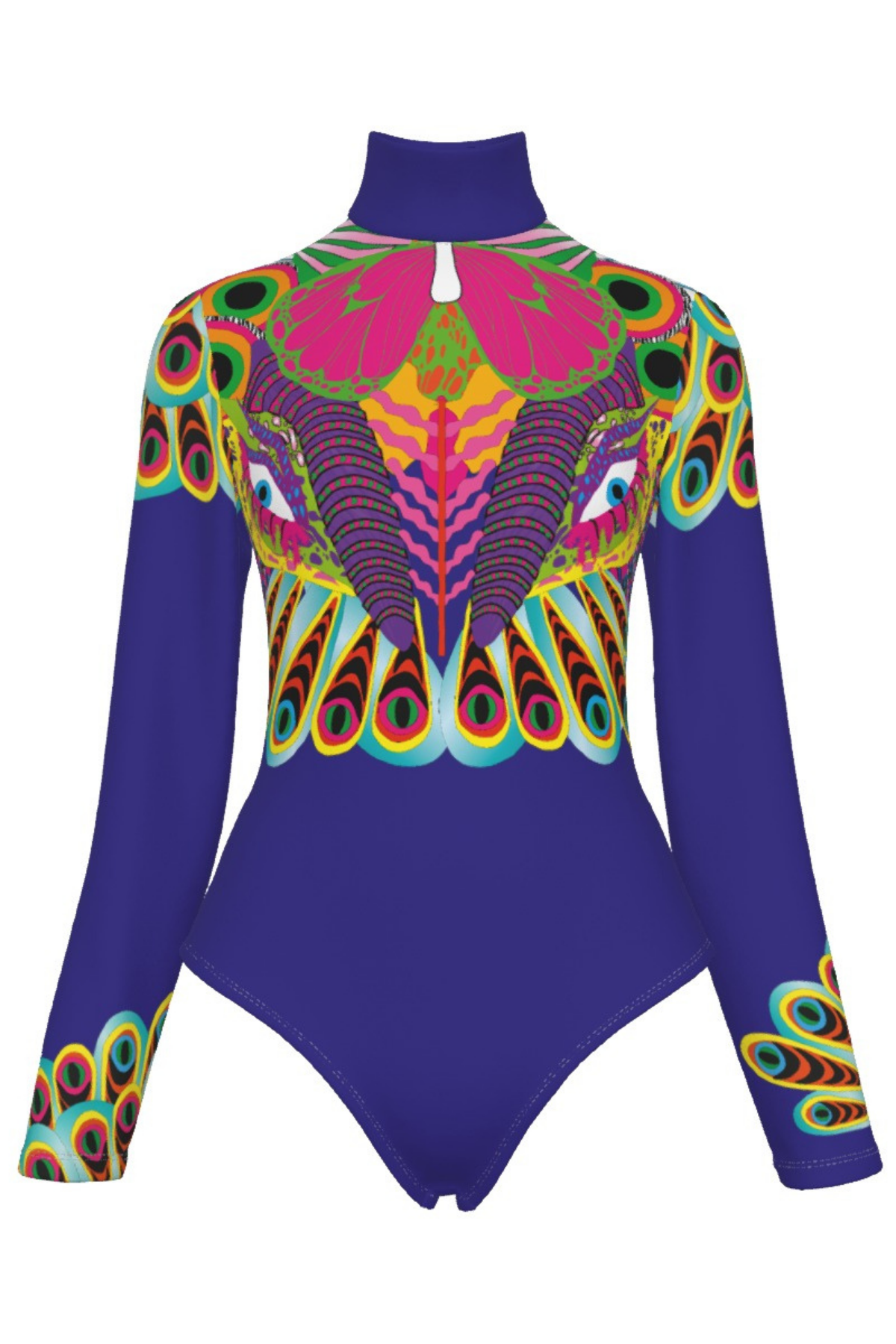 Colorful bodysuit with intricate patterns on a white background