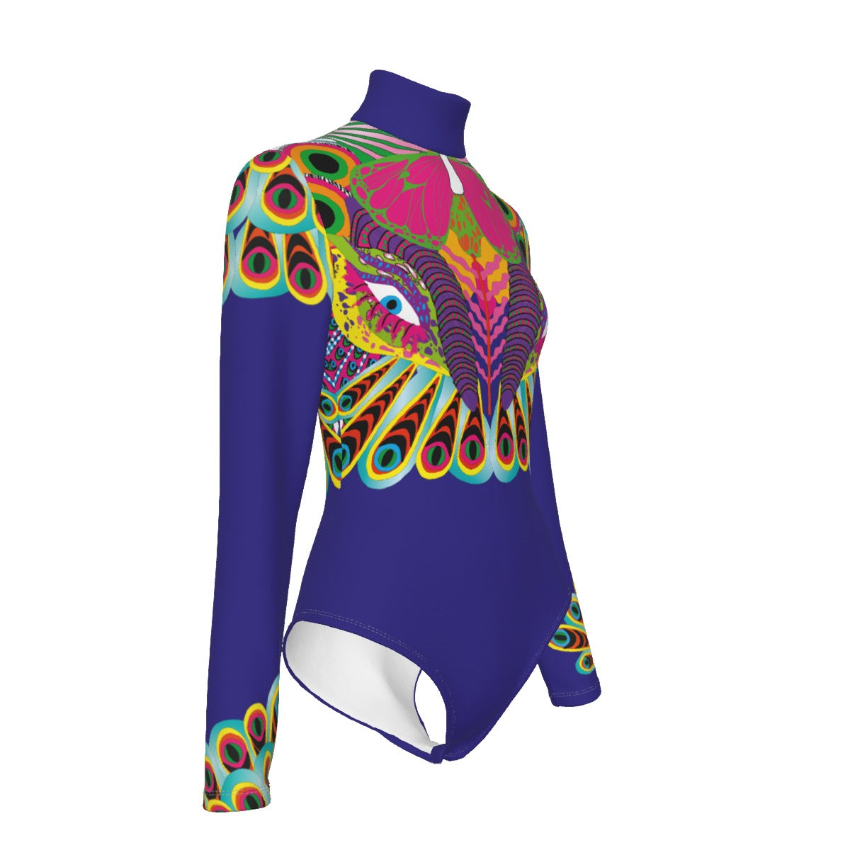 Colorful swimsuit with peacock feather design on a white background