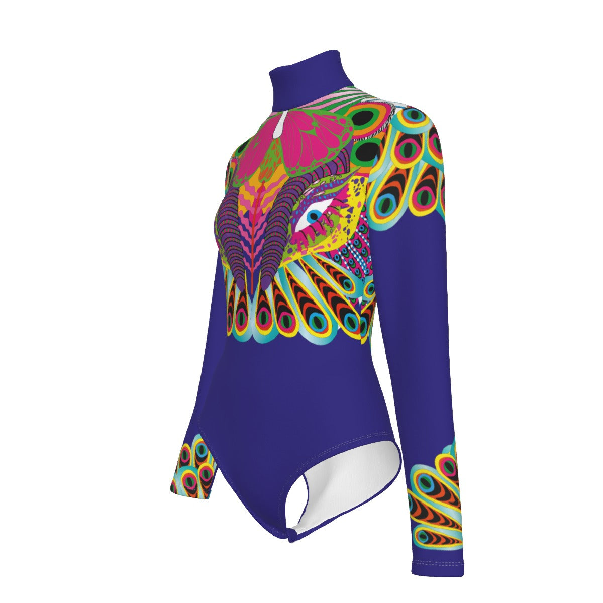 Colorful peacock patterned long-sleeve top on a white background