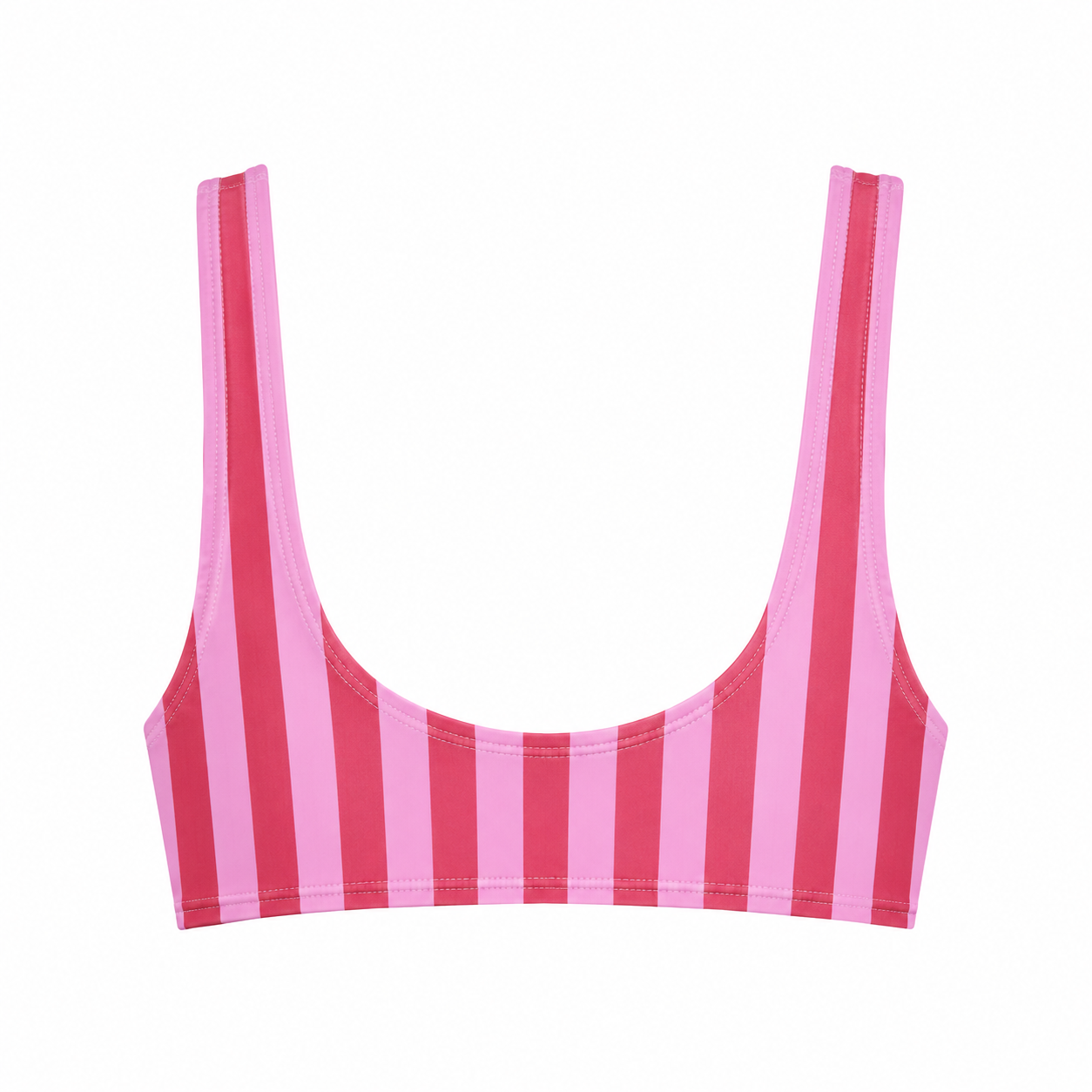 Pink and red striped bikini top on a white background