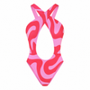 Pink and red swimsuit with a unique pattern on a white background
