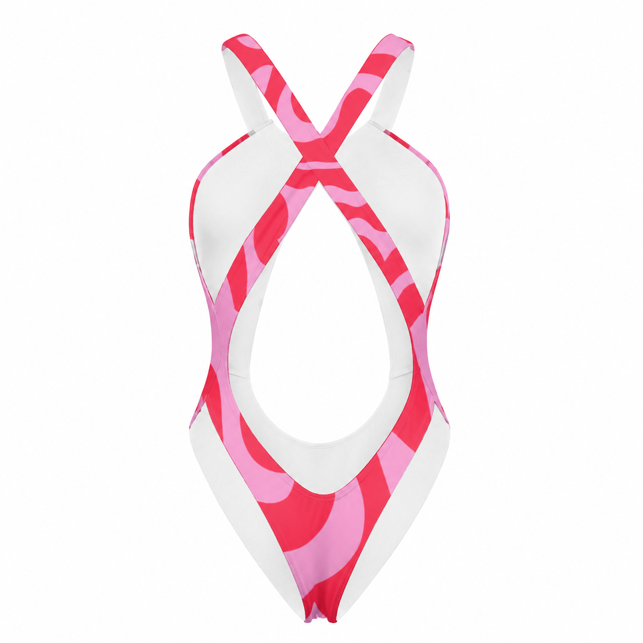Pink and white swimsuit top with a geometric pattern on a white background