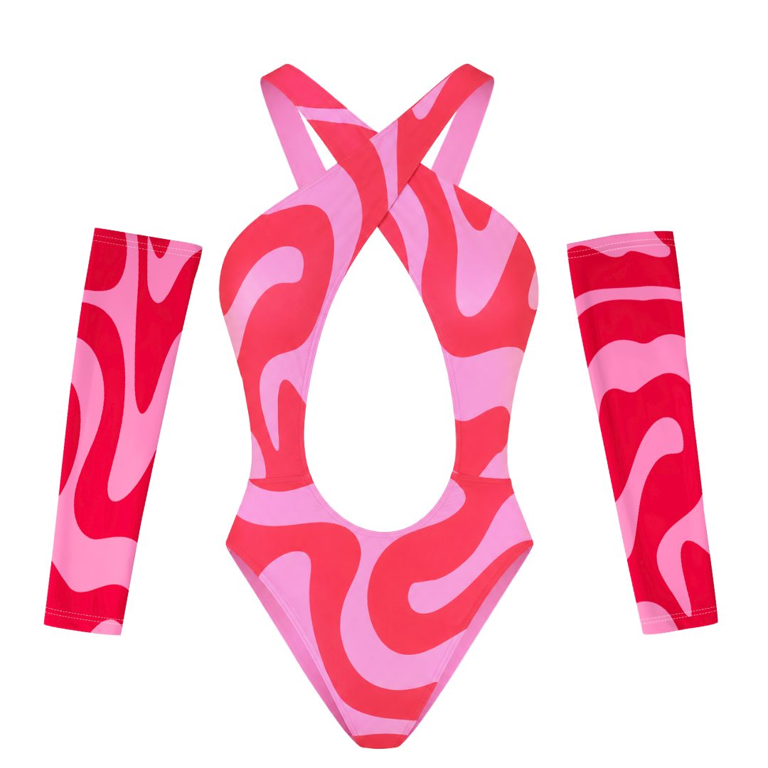 Cosmic Lady Flow Women's Hollowed-Out One-Piece Bodysuit Swimsuit with Gloves