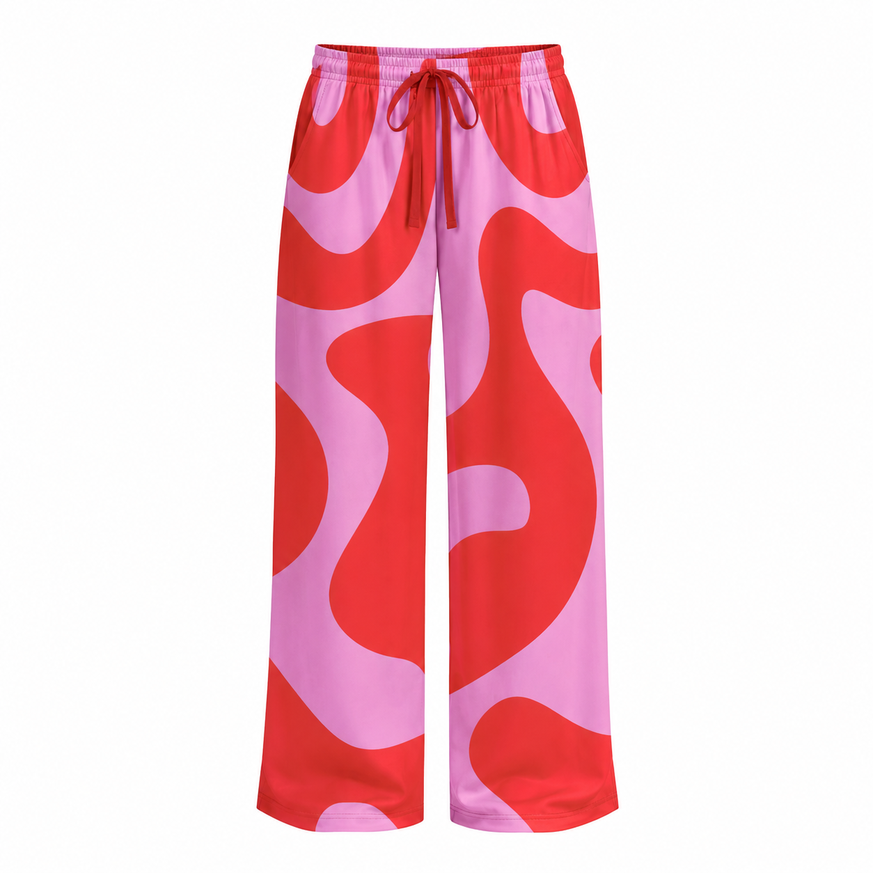 Pink and red patterned pants on a white background