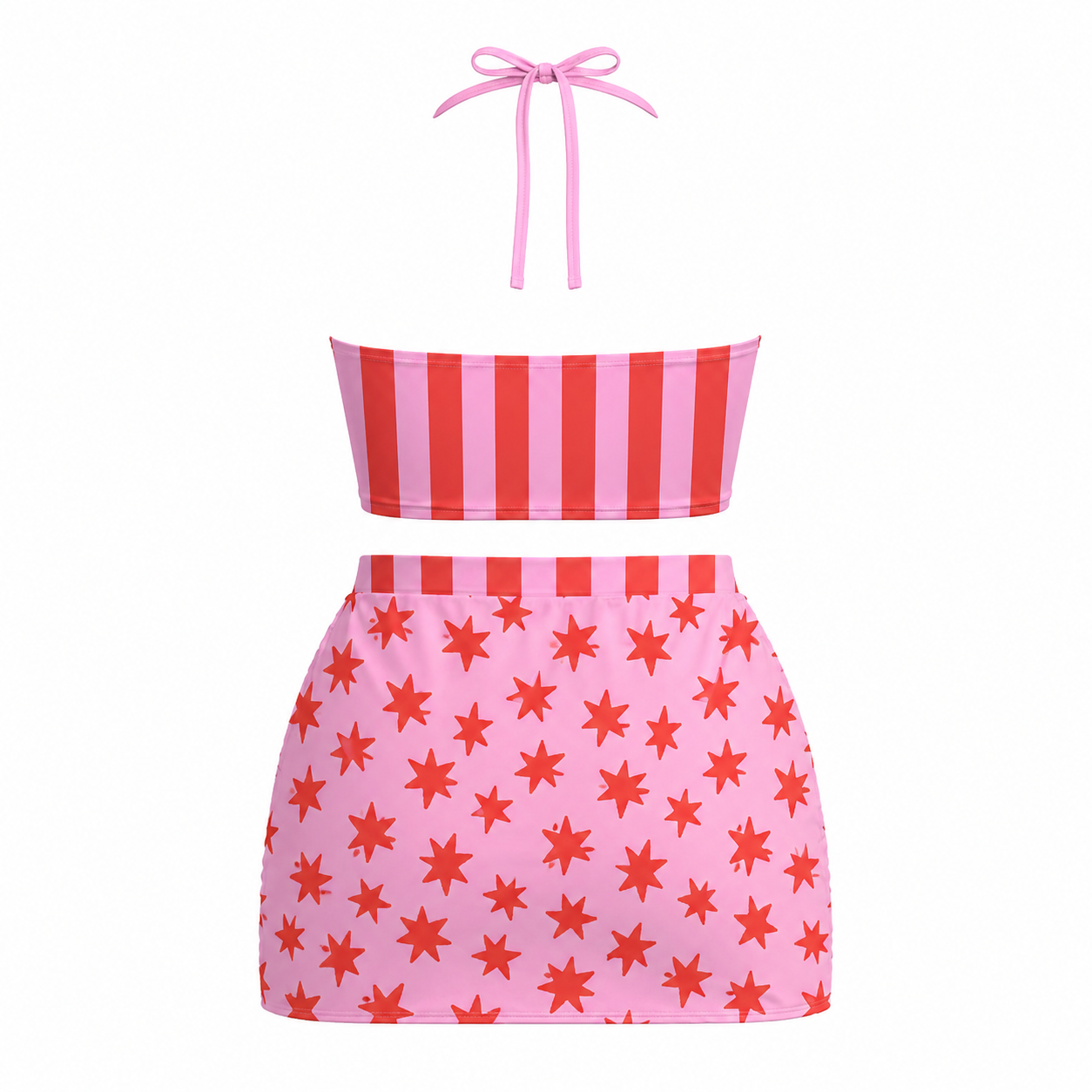 Two-piece swimsuit with red and pink striped top and star-patterned skirt on a white background