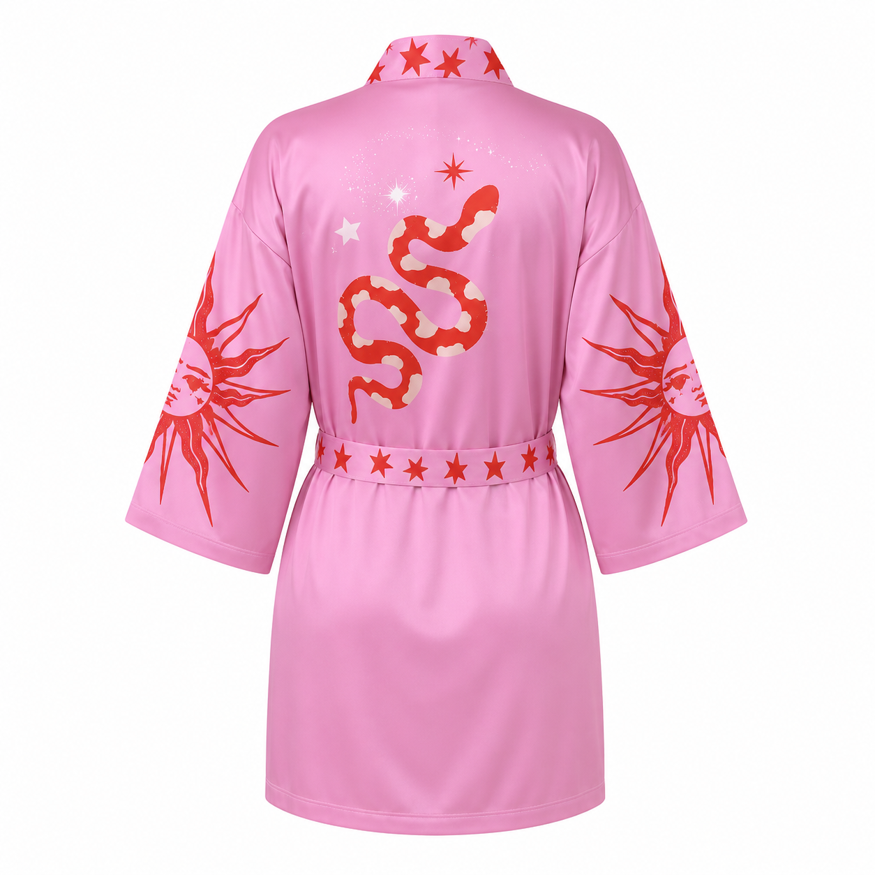 Pink robe with red designs on a white background