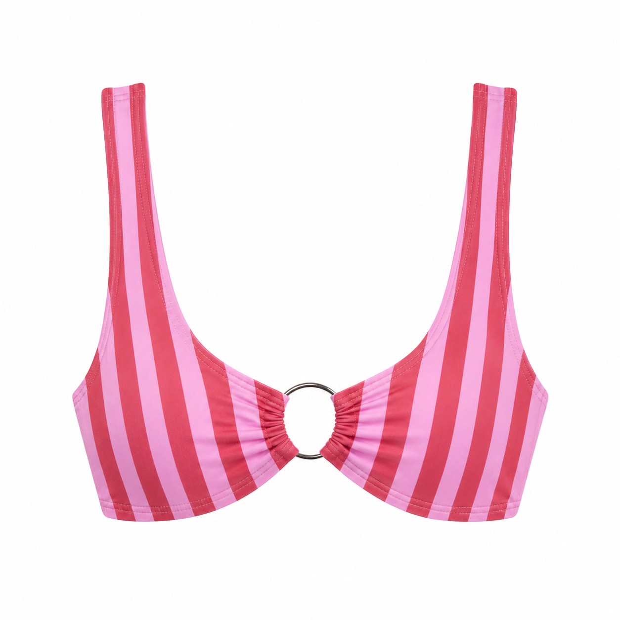 Pink and red striped bikini top on a white background