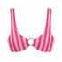 Pink and red striped bikini top on a white background