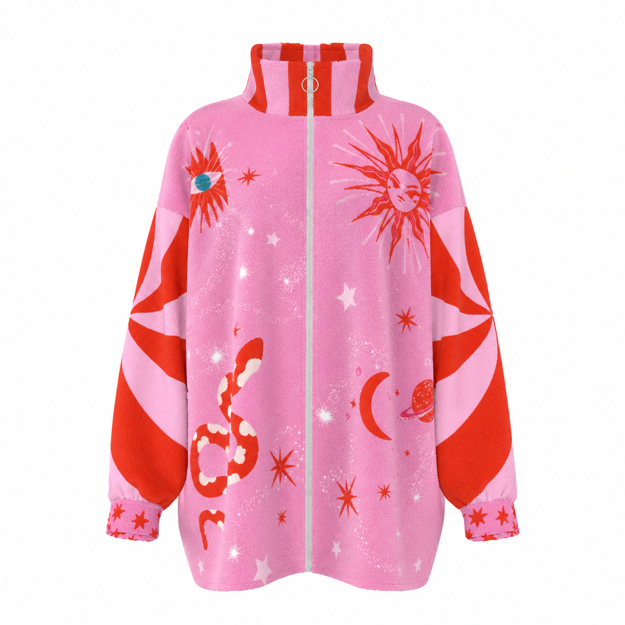 Pink jacket with red patterns on a white background