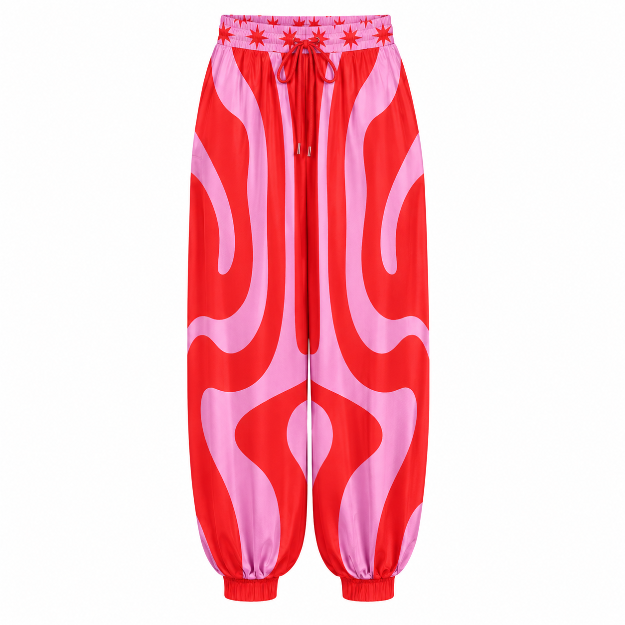 Red and pink patterned pants on a white background