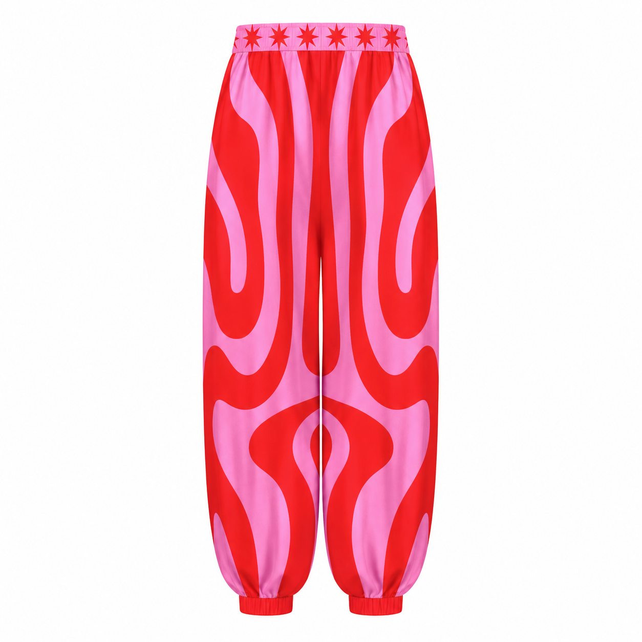 Red and pink patterned pants on a white background