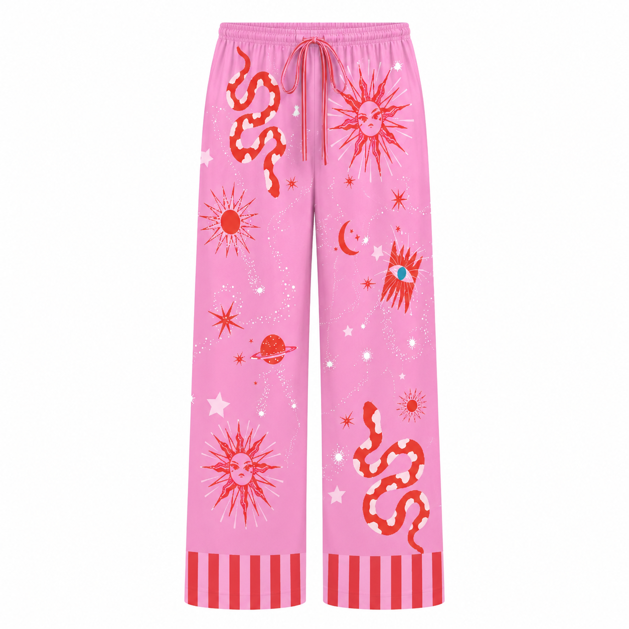 Pink pajama pants with red celestial designs on a white background