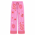 Pink pajama pants with red celestial designs on a white background