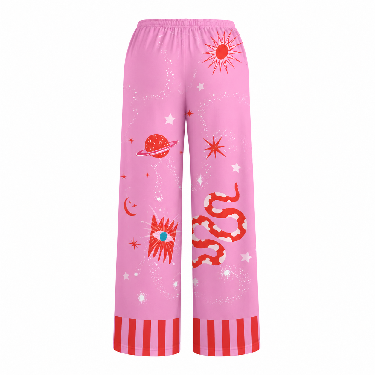 Pink pajama pants with space-themed designs on a white background