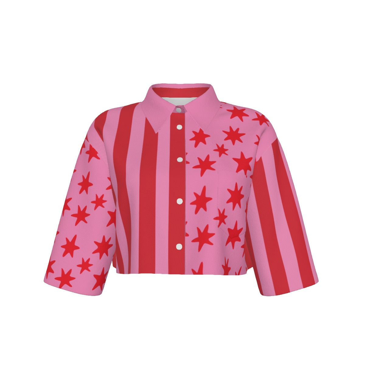 Pink and red striped shirt with star patterns on a white background