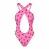 Pink swimsuit with red star pattern on a white background