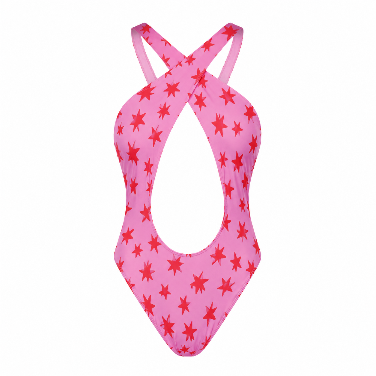Pink swimsuit with red star pattern on a white background