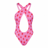 Pink swimsuit with red star pattern on a white background