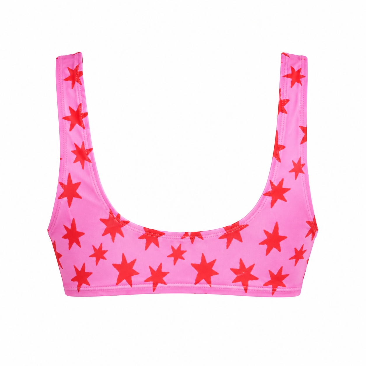 Pink crop top with red star pattern on a white background