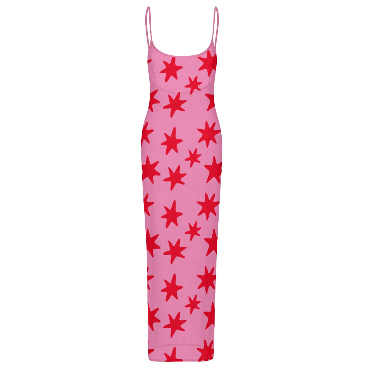 Pink slip dress with red star pattern on a white background