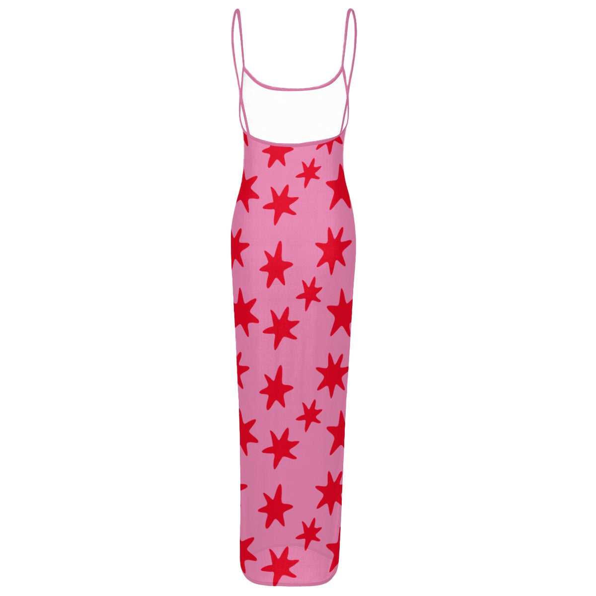 Pink dress with red star pattern on a white background