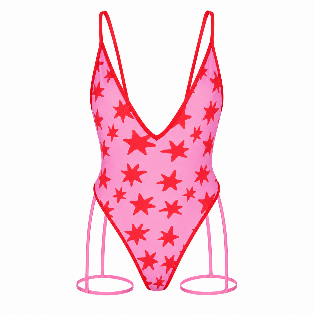Pink swimsuit with red star pattern on a white background