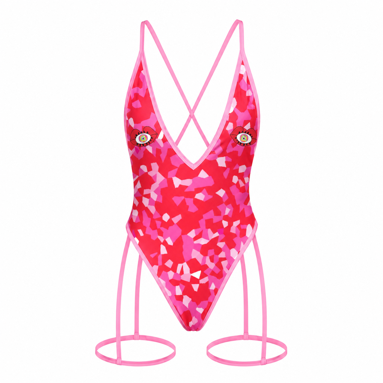 Pink and red patterned swimsuit on a white background