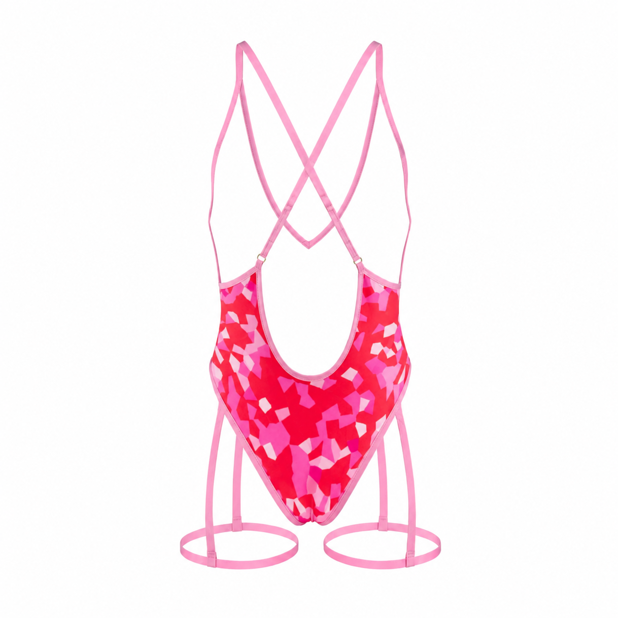 Pink and red patterned swimsuit with thin straps on a white background