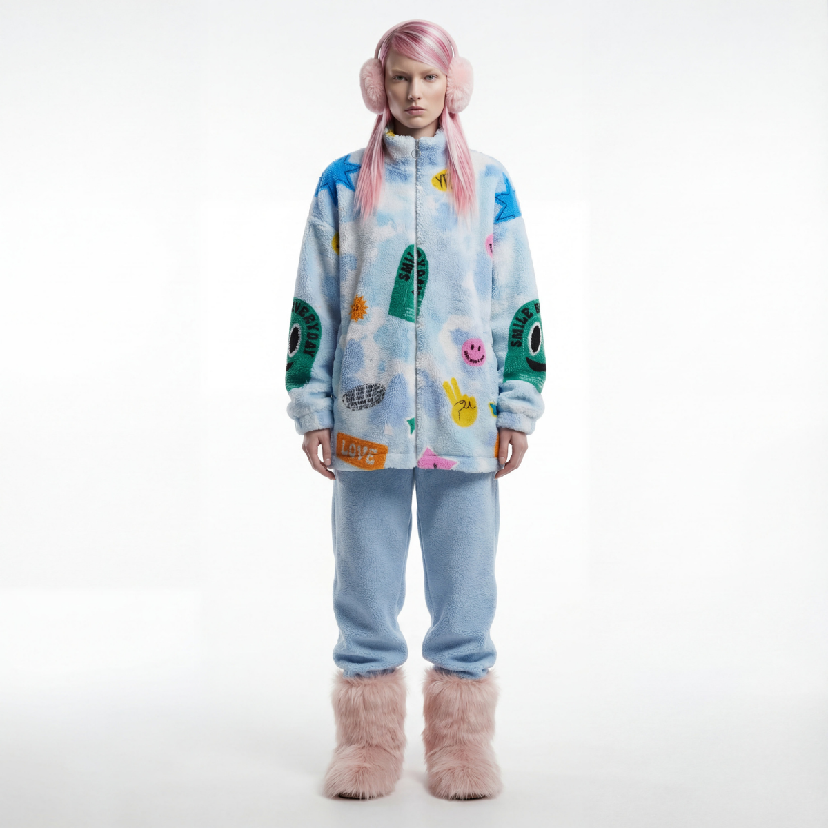 Person wearing a colorful outfit with cartoon designs on a white background