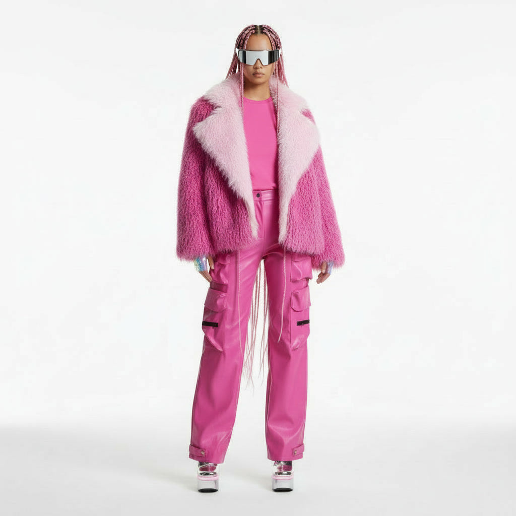 Person wearing a pink outfit with a fur-lined coat on a white background
