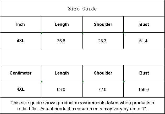 Size guide chart for clothing measurements in inches and centimeters