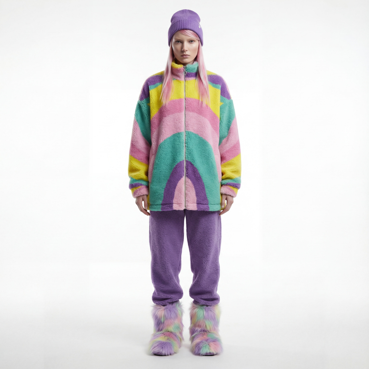 Person wearing a colorful outfit with a patterned hat on a white background