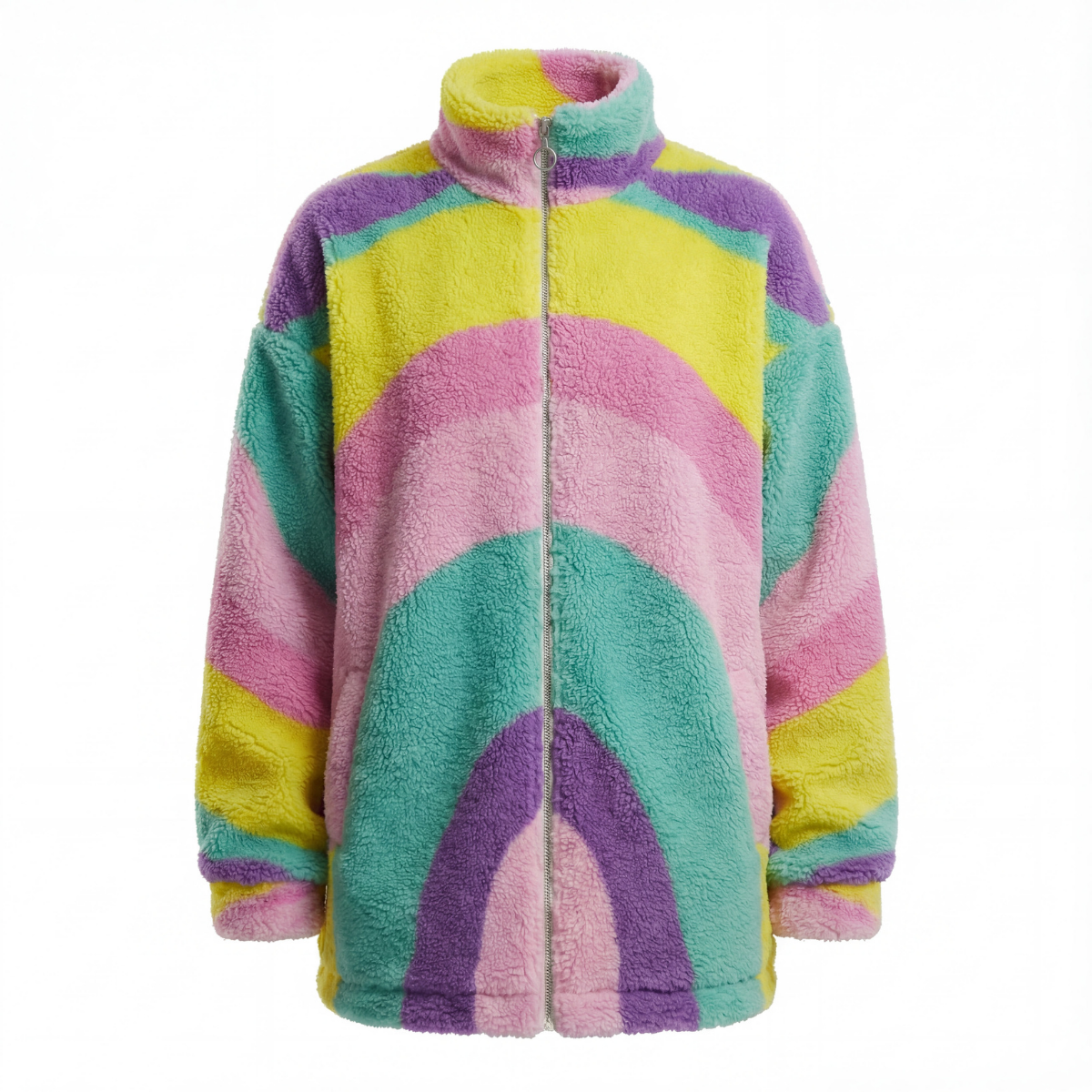 Multicolored fleece jacket with a white background