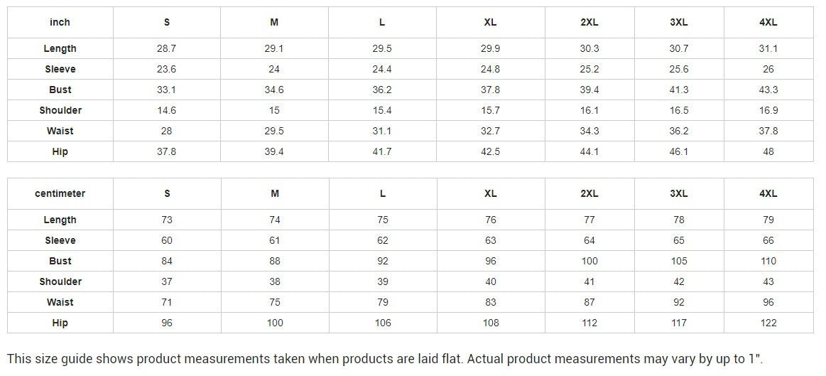 Size chart for clothing measurements with measurements in centimeters and inches.