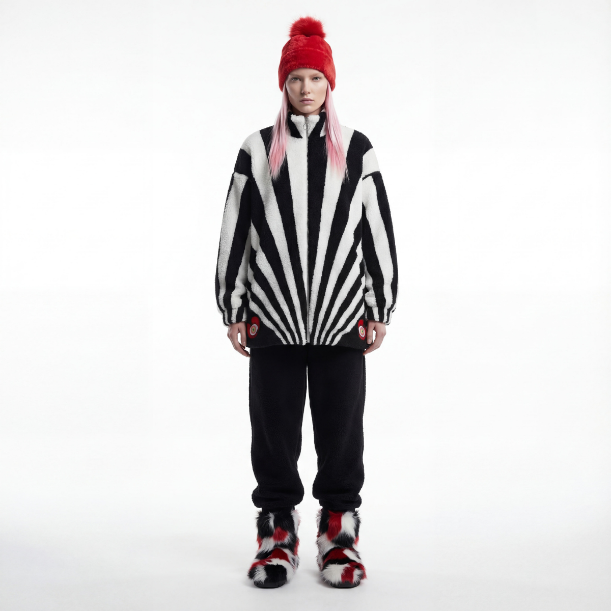Person wearing a black and white striped sweater, red beanie, and colorful shoes on a white background