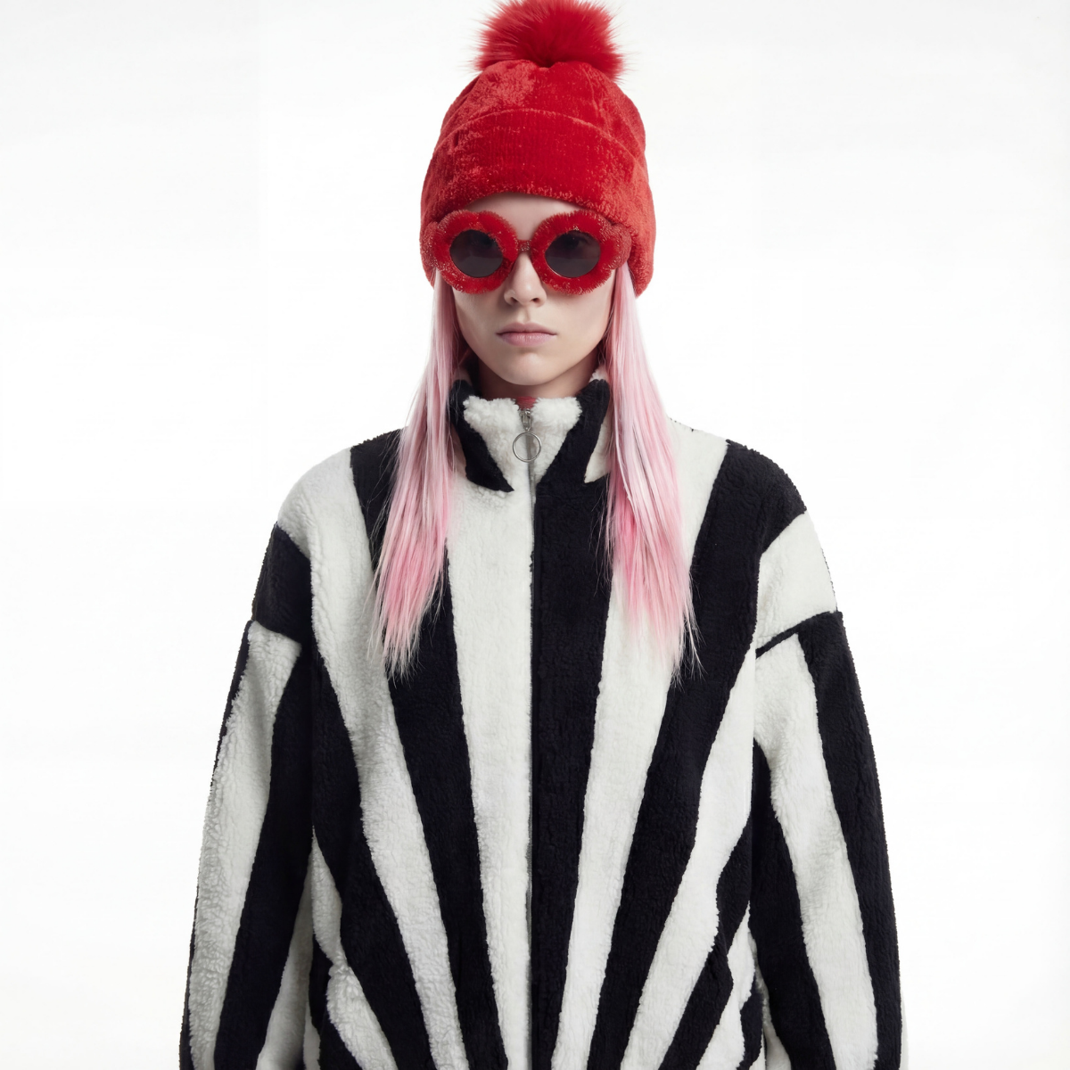 Person wearing a black and white striped coat, red beanie, and sunglasses on a white background