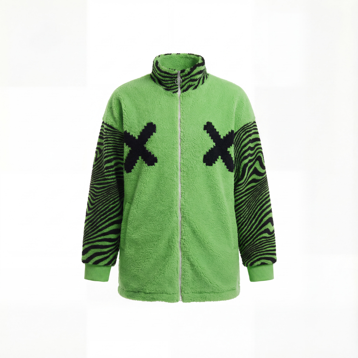 Green jacket with black zebra pattern sleeves on a white background