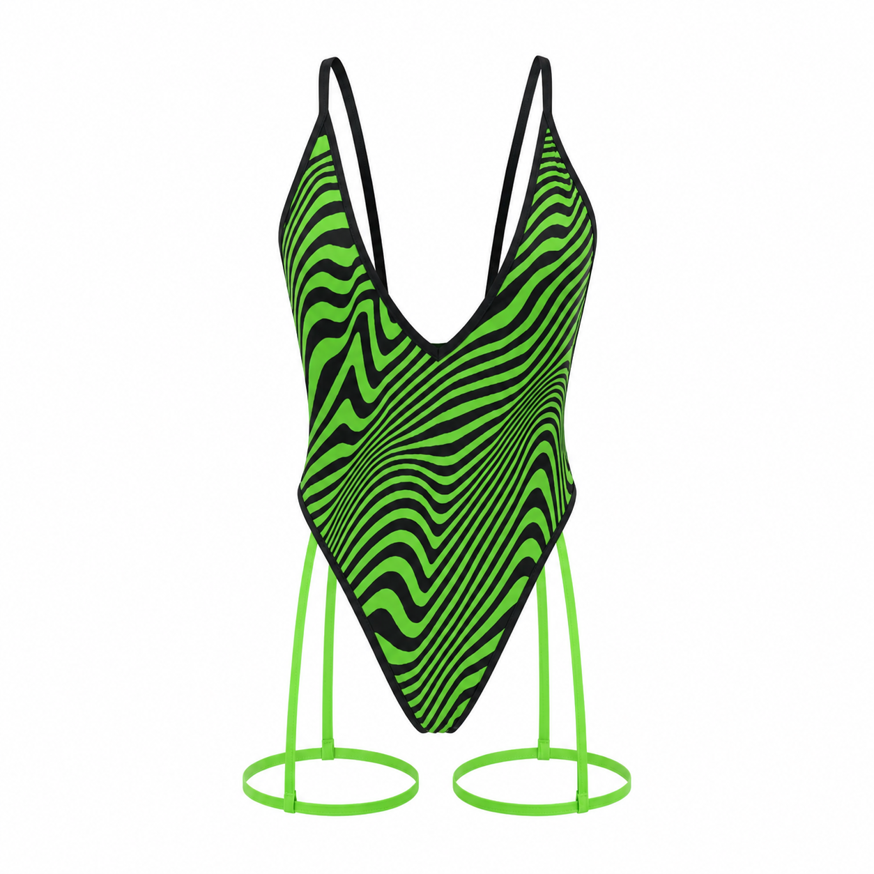 Green and black striped swimsuit on a white background