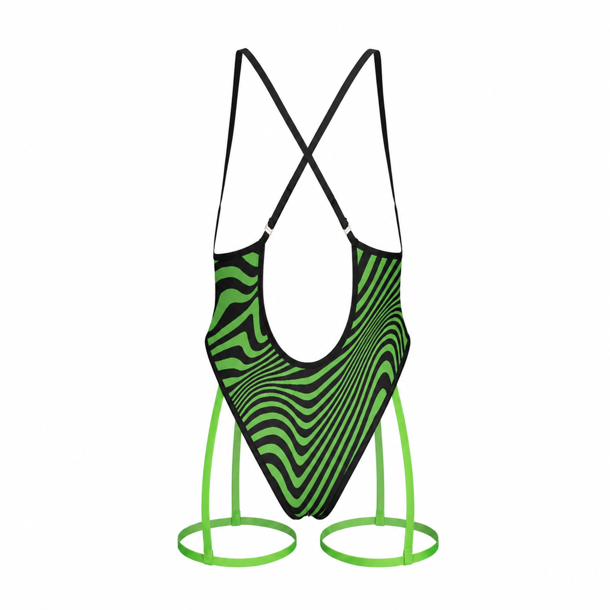 Green and black swimsuit with a unique pattern on a white background