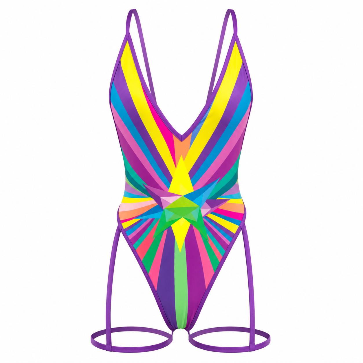 Multicolored swimsuit with a vibrant pattern on a white background