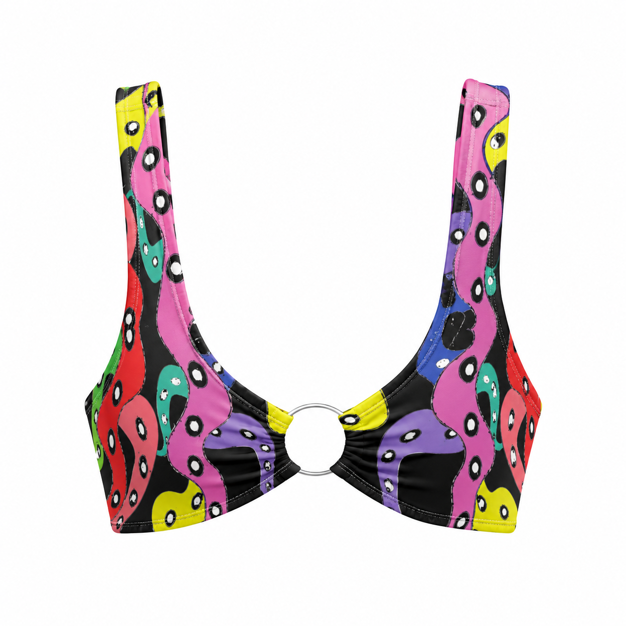 Colorful bikini top with abstract pattern on a white background