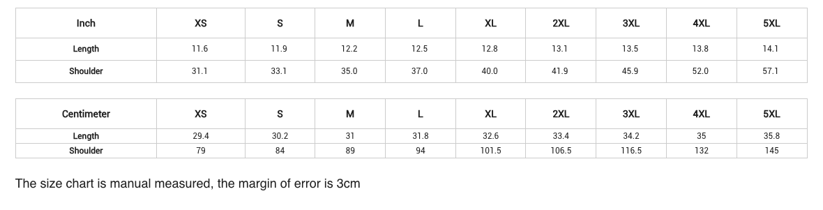Size chart for clothing measurements with inch and centimeter scales.